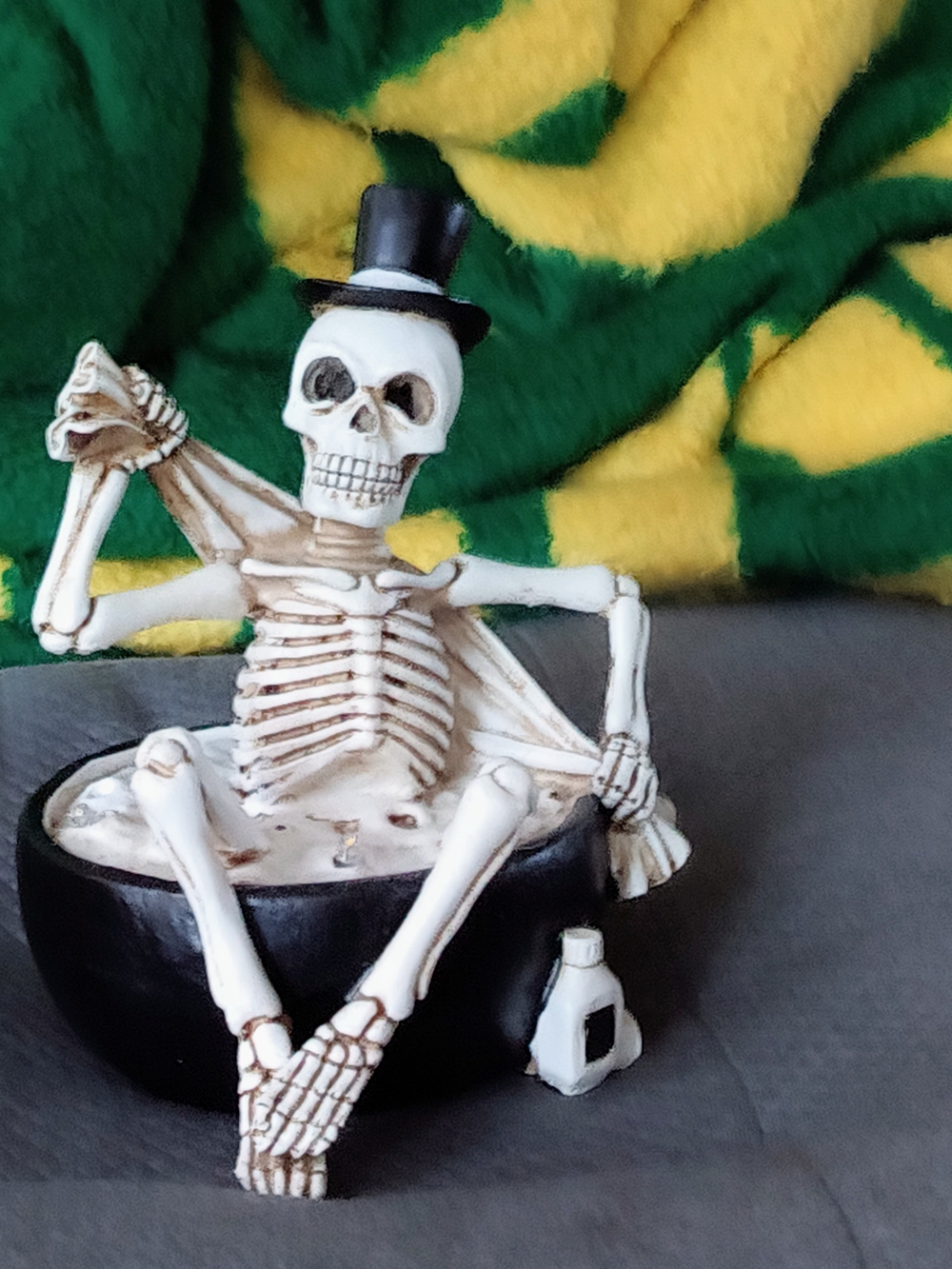 Skeleton Figurine with Top Hat and Cauldron - White & Black From County door